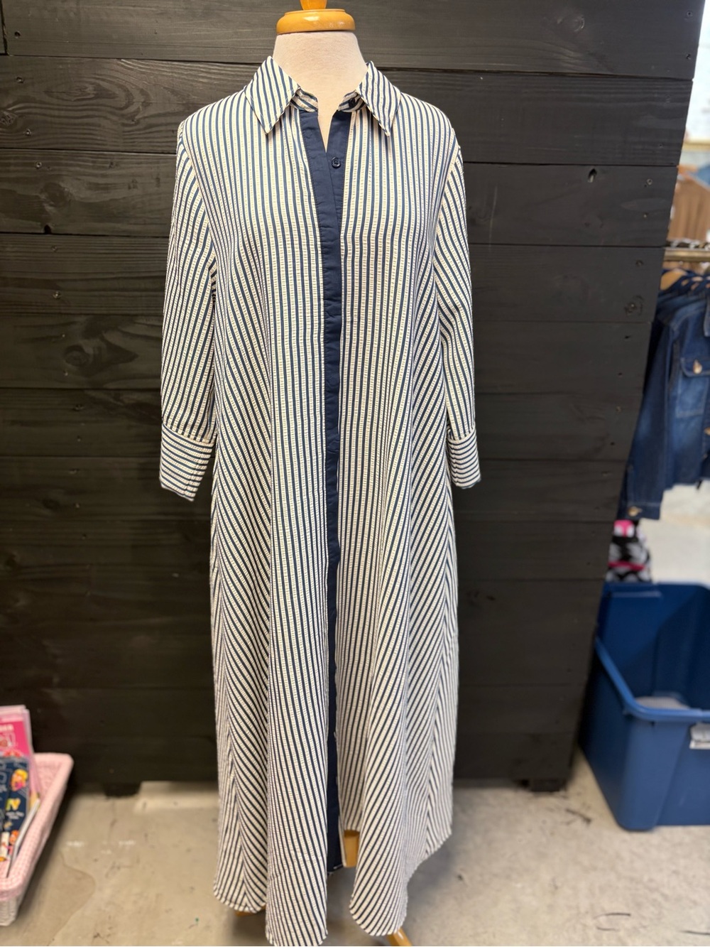 entro Navy & White Vertical Stripe Maxi Shirt Dress